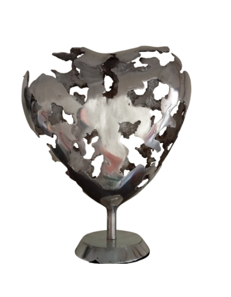 Coeur gris poli sculpture métallique 45x30x20cm