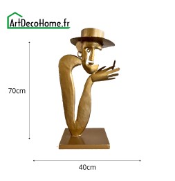 Homme chapeau sculpture métallique 70x40x25cm
